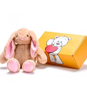 a stuffed brown bunny soft toy next to a box