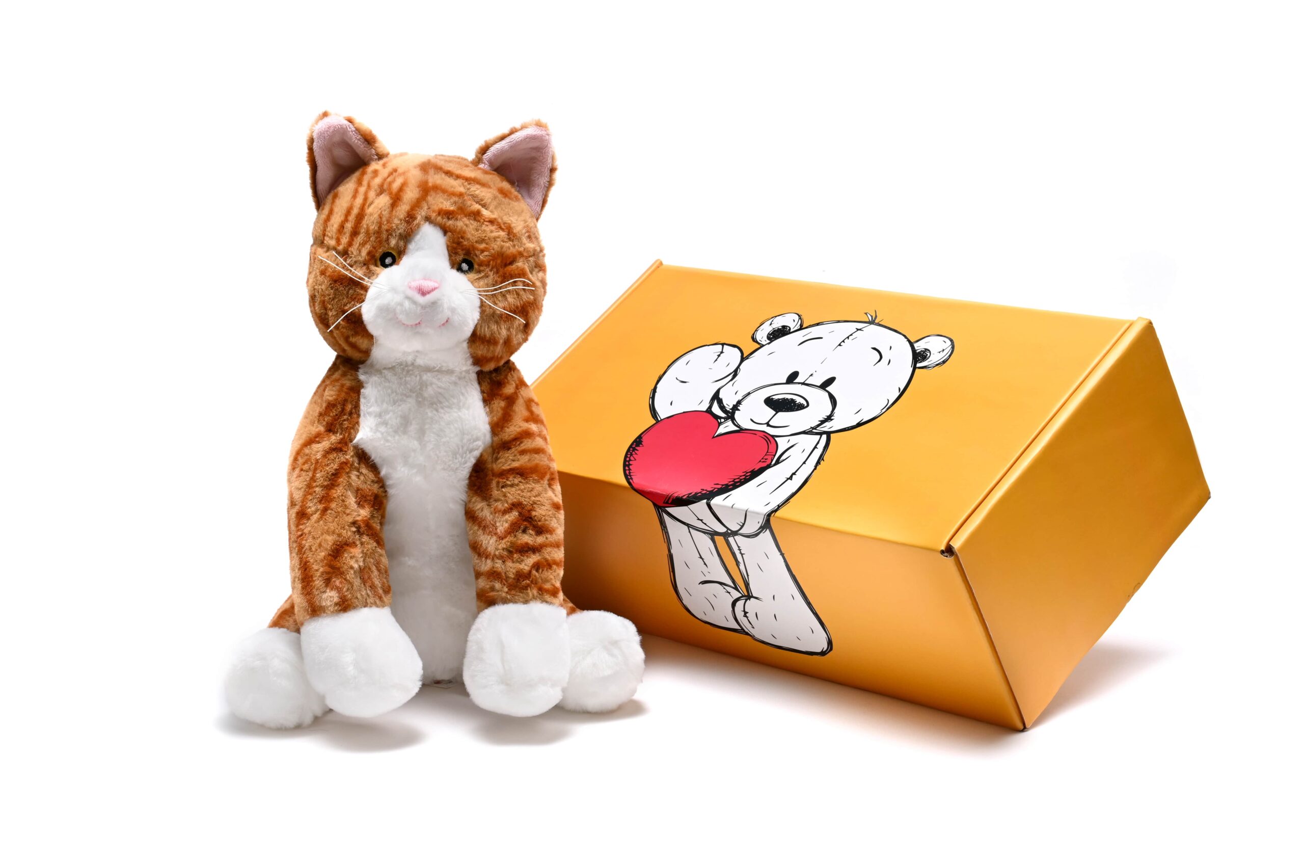 a stuffed cat toy next to a box