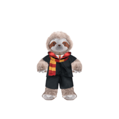 a sloth plushie with a red wizard costume