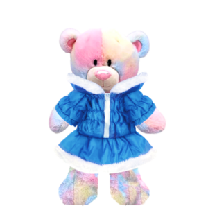 Rainbow Teddy Plushie with Light Blue Coat and Skirt
