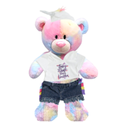 Rainbow Teddy Plushie with Unicorn Hoodie and Jean Shorts