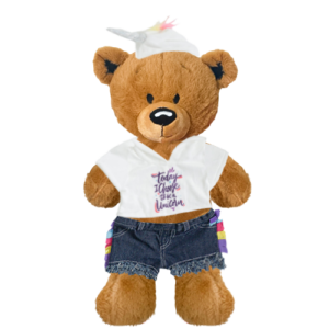 Brown Teddy Plushie with Unicorn Hoodie and Jean Shorts