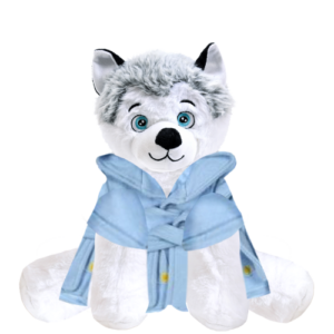 Husky Plushie With Blue Bear Bathrobe