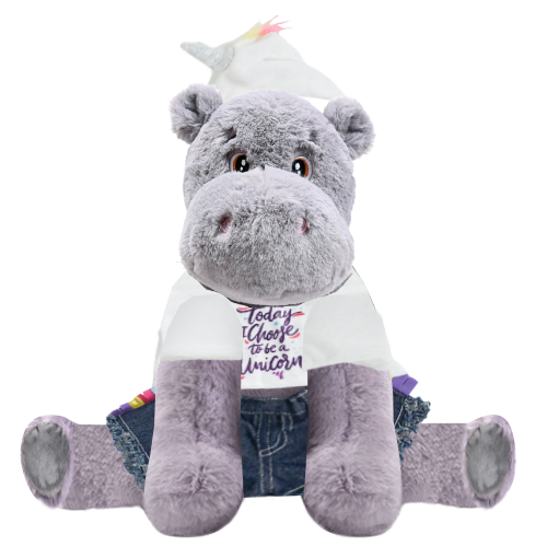Hippo Plushie with Unicorn Hoodie and Jean Shorts