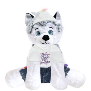 Husky Plushie with Unicorn Hoodie and Jean Shorts