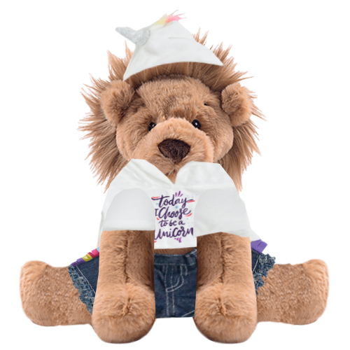 Lion Plushie with Unicorn Hoodie and Jean Shorts