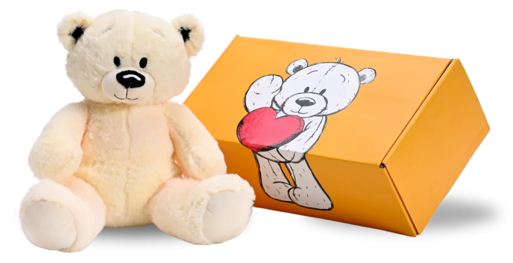 White teddy with shipping box