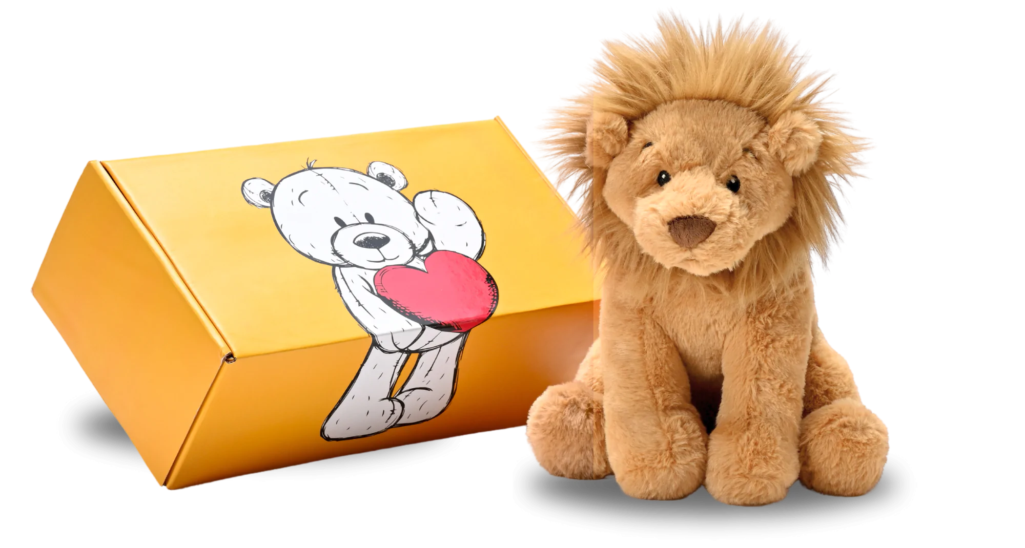 a stuffed lion next to a box
