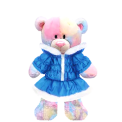 Rainbow Teddy Plushie with Light Blue Coat and Skirt
