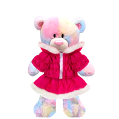 Rainbow Teddy Plushie with Hot Pink Coat and Skirt
