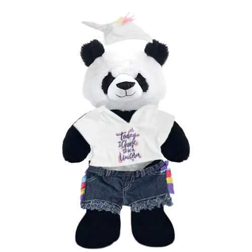 Panda Plushie with Unicorn Hoodie and Jean Shorts