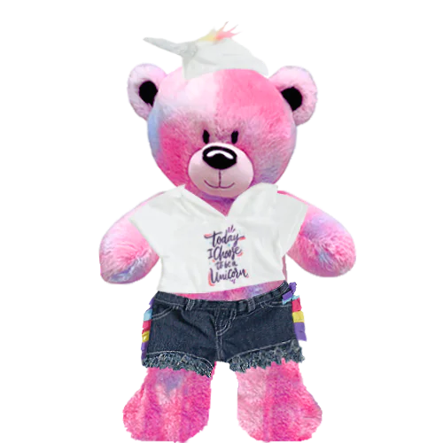 Pinky Teddy Plushie with Unicorn Hoodie and Jean Shorts