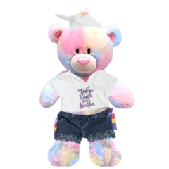 Rainbow Teddy Plushie with Unicorn Hoodie and Jean Shorts