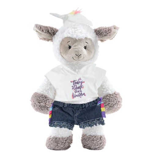 Sheep Plushie with Unicorn Hoodie and Jean Shorts