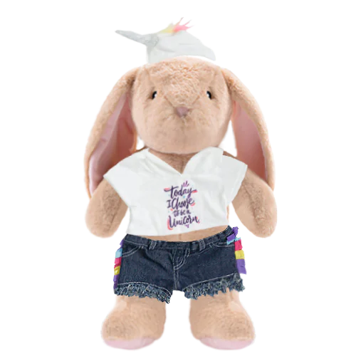 Bunny Plushie with Unicorn Hoodie and Jean Shorts