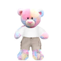 Rainbow Teddy Plushie With White Shirt and Cargo Pants
