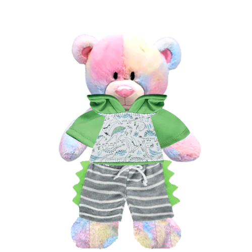 Rainbow Teddy Plushie with Dino Hoodie and Shorts