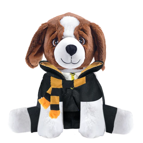 Brown Dog Plushie With Yellow Wizard Costume