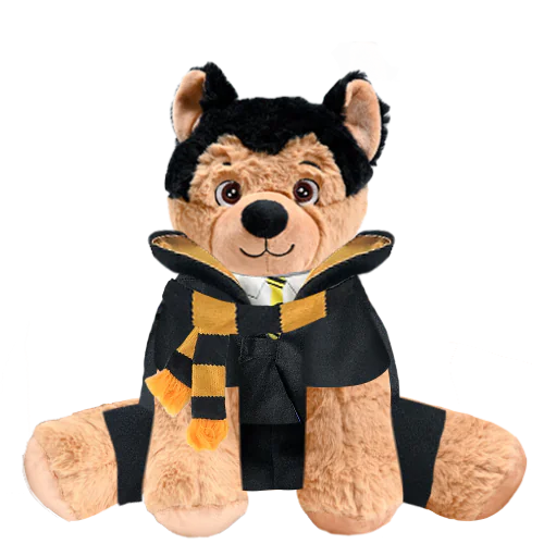 German Shepherd Plushie With Yellow Wizard Costume