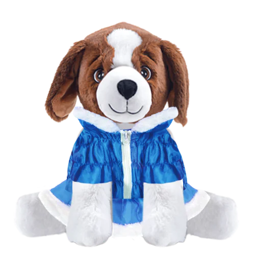 Brown Dog Plushie with Light Blue Coat and Skirt