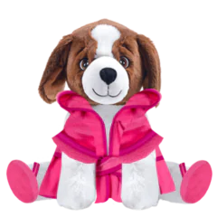 Brown Dog Plushie With Pink Robe and Sandals