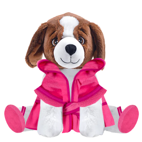Brown Dog Plushie With Pink Robe and Sandals