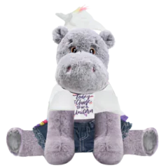 Hippo Plushie with Unicorn Hoodie and Jean Shorts