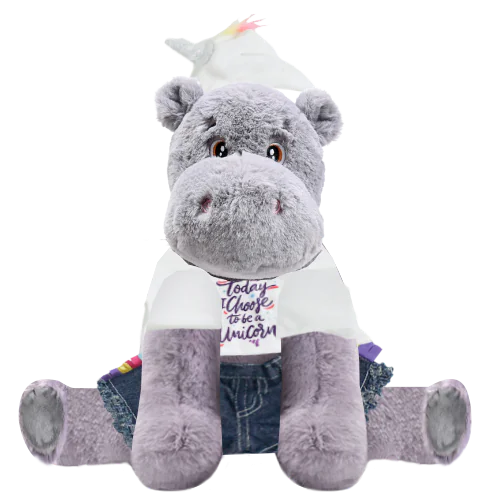 Hippo Plushie with Unicorn Hoodie and Jean Shorts