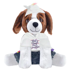 Brown Dog Plushie with Unicorn Hoodie and Jean Shorts