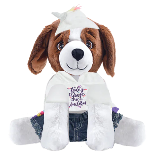 Brown Dog Plushie with Unicorn Hoodie and Jean Shorts
