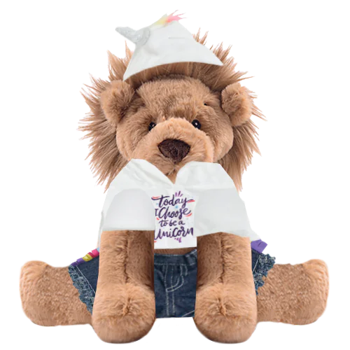Lion Plushie with Unicorn Hoodie and Jean Shorts