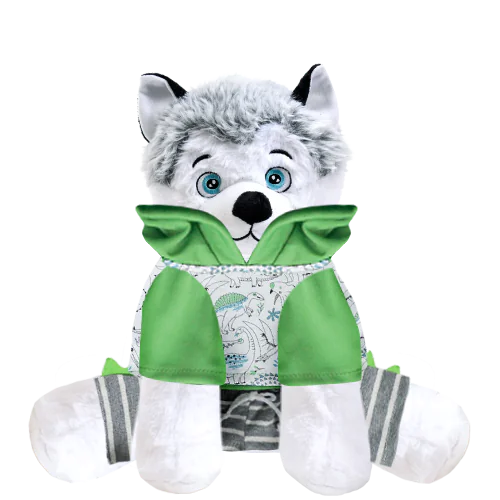 Husky Plushie with Dino Hoodie and Shorts