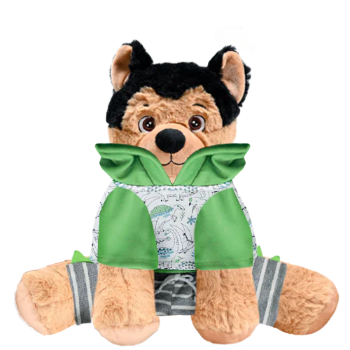 German Shepherd Plushie with Dino Hoodie and Shorts
