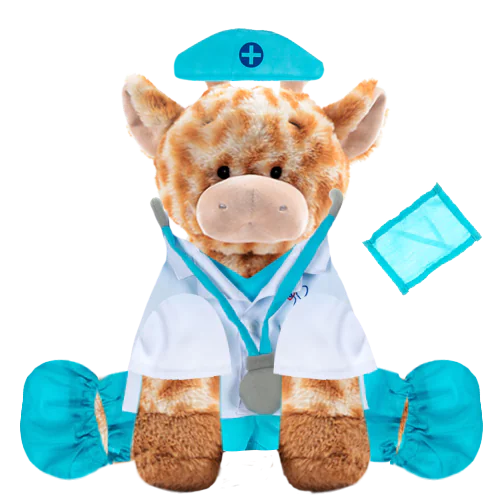 Stuffed giraffe plushie dressed as nurse