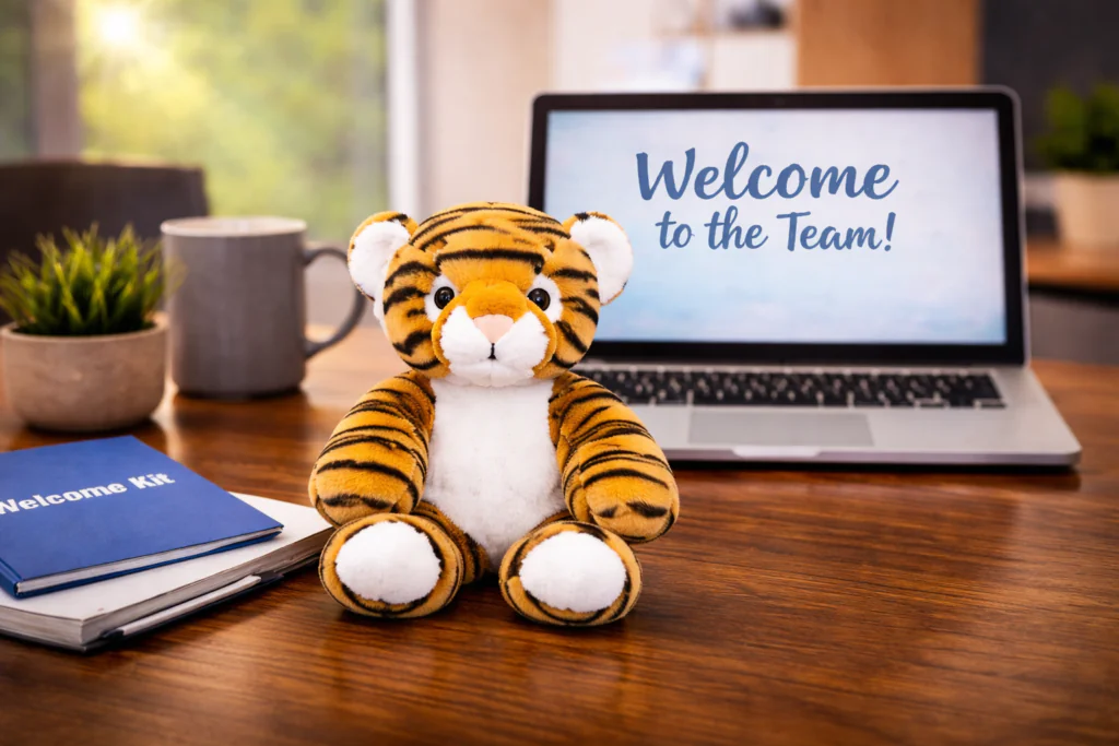 stuffed tiger sitting next to "welcome to the team" 